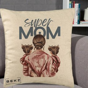 Cadou pentru Mama - Perna Personalizata Super Mom of Girls Mama cu Gemene, 40x40 cm, Bej, Husa Detasabila, Perna Inclusa, BEKZ®