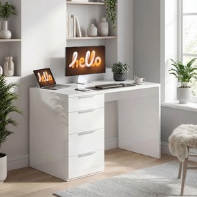 HOMCOM Birou Compact, 110x61.5x75 cm Birou Modern cu 4 Sertare, Masă pentru Computer, Cameră și Birou, Alb Lucios | Aosom Romania