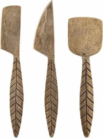 Set 3 ustensile pentru brânză din metal, alamă, mânere în formă de frunză cu desen în relief, finisaj lăcuit, 19 x 5 cm, „Citra”