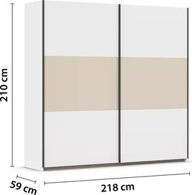 Dressing 218 cm lungime, 2 uși glisante, culoare alb-crem, mânere negre, 210 cm înălțime