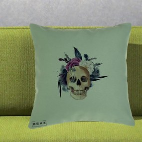 Perna Decorativa Craniu Floral cu Trandafiri si Ciuperci, 40x40 cm, Verde, Husa Detasabila, Perna Inclusa, BEKZ®