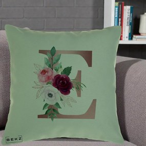 Cadou Personalizat - Perna Personalizata Monograma Rose Gold Litera E, 40x40 cm, Verde, Husa Detasabila, Perna Inclusa, BEKZ®