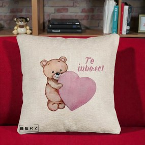 Cadou Romantic - Perna Personalizata Te Iubesc Ursulet cu Inima Roz Acuarela, 40x40 cm, Bej Canapea, Husa Detasabila, Perna Inclusa, BEKZ®