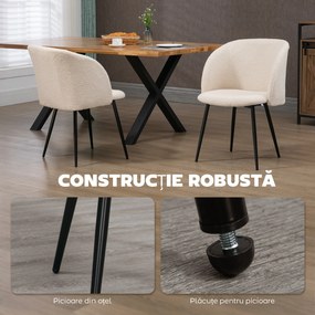HOMCOM Lot de 2 scaune de sală de mese cu spătar din material textil efect lână buclată și picioare din oțel 55 x 62 x 80 cm bej negru | Aosom Romania
