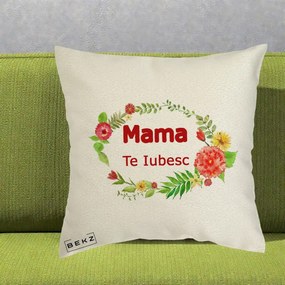 Cadou pentru Mama - Perna Personalizata Mama Te Iubesc Flori Rosii, 40x40 cm, Ecru, Husa Detasabila, Perna Inclusa, BEKZ®