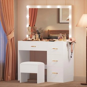 SEA482 - Set Masa toaleta 90 cm cosmetica machiaj, oglinda cu LED, masuta vanity cu scaun tapitat, Priza, USB, suport uscator - Alb