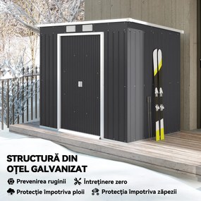Outsunny Adăpost de Grădină Metalic în Alipire cu Kit de Fundație, Ușă Dublă, Ventilații și Acoperiș Înclinat, Gri | Aosom Romania
