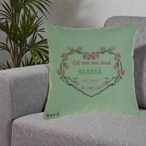 Cadou pentru Mama - Perna Personalizata Esti Cea mai Buna Mama din Lume La Multi Ani cu Inima Florala, 40x40 cm, Verde, Husa Detasabila, Perna Inclusa, BEKZ®