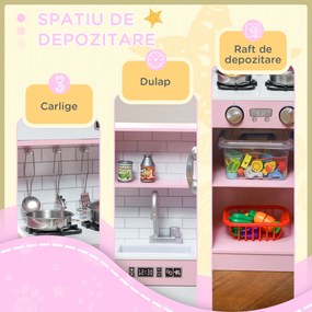 AIYAPLAY Bucătărie de Jucărie din Lemn pentru Copii 3-8 Ani cu Accesorii Roz | Aosom Romania