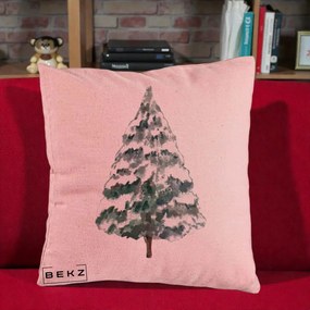 Perna Decorativa cu tematica de Craciun, Brad 2, 40x40 cm, Roz, Husa Detasabila, Perna Inclusa, BEKZ®
