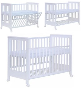 Patut co-sleeping 120x60 cu laterala culisanta total si roti Treppy Dreamy Plus, integral din lemn masiv fag, reglabil pe 5 nivele, include sistem de ancorare, certificat TUV, EN716-1, EN716-2, culoare alb