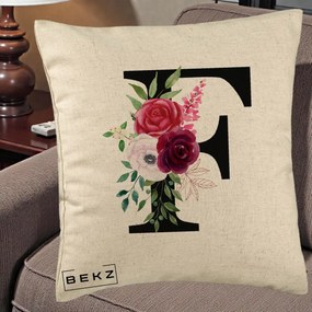 Cadou Personalizat - Perna Personalizata Monograma Florala Litera F, 40x40 cm, Bej, Husa Detasabila, Perna Inclusa, BEKZ®
