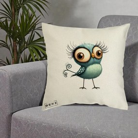 Perna Decorativa Pasare Teal cu Gene si Coada Spiralata, 40x40 cm, Ecru, Husa Detasabila, Perna Inclusa, BEKZ®