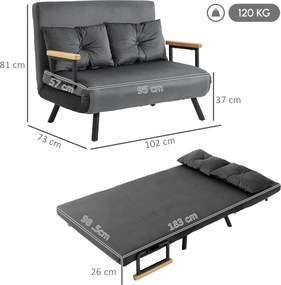 HOMCOM Canapea Pat de 2 Locuri cu Spătar Reglabil pe 5 Nivele și 2 Perne din Material Capitonat, 102x73x81 cm, Gri Închis | Aosom Romania