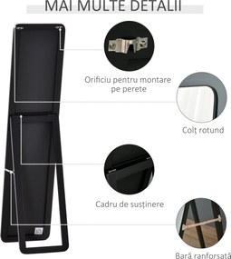 HOMCOM Oglindă de Podea sau Perete cu Cadru din Lemn, Oglindă cu Suport, Pliabil cu Balama, 37x43x156 cm, Nuc | Aosom Romania