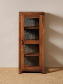 Vitrină mică rustică din lemn reciclat, maro, cu 1 ușă vitrată, laterale vitrate și 3 rafturi, finisaj natural, 127 x 54 x 46 cm, „Marcel”