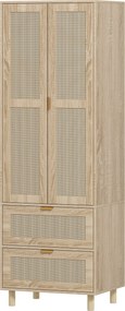 HOMCOM Dulap de dormitor cu 2 uși din ratan, 2 sertare și bară de agățat, 63 x 47 x 185 cm, lemn natural | Aosom Romania