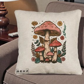 Perna Decorativa Ciuperci Vintage Floral, 40x40 cm, Bej Canapea, Husa Detasabila, Perna Inclusa, BEKZ®