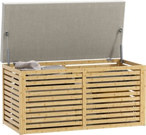 HOMCOM Bancă de depozitare, cufăr tapițat din material cu aspect de in, capac și structură din bambus, gri și lemn natural | Aosom Romania