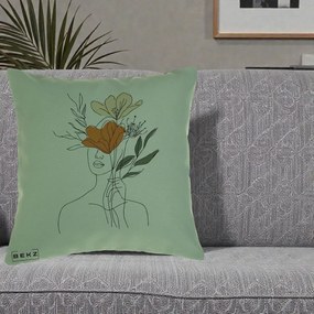 Perna Decorativa Portret Feminin Coroana Florala, 40x40 cm, Verde, Husa Detasabila, Perna Inclusa, BEKZ®