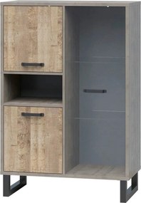 Vitrina BARI, gri/stejar, PAL laminat/sticla/metal, 90x45x134 cm