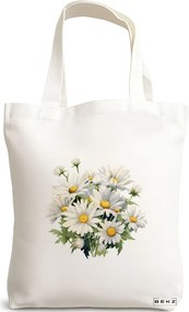 Sacosa de Panza pentru Cumparaturi, Geanta Tote, model Flower Bouquet 1, 38 x 34.5 cm, Alba, BEKZ®