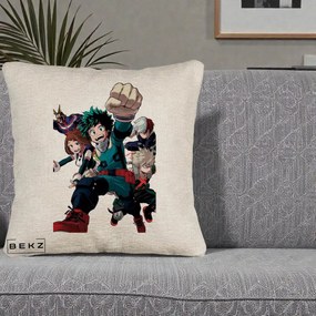 Perna Personalizata My Hero Academia Izuku Deku si Echipa, 40x40 cm, Bej Canapea, Husa Detasabila, Perna Inclusa, BEKZ®