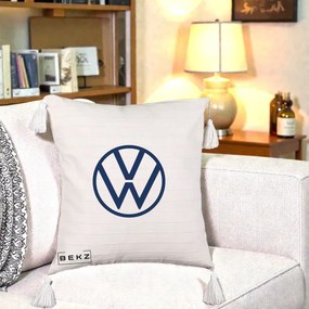 Perna Personalizata cu emblema Volkswagen, 40x40 cm, Bej cu Franjuri, Husa Detasabila, Perna Inclusa, BEKZ®