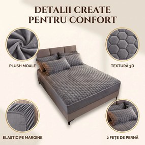 Set lenjerie de pat plusata, husa cu elastic si 2 fete de perna, Gri