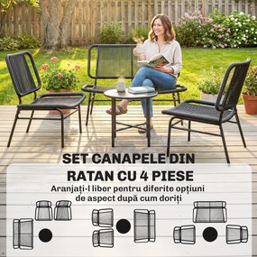 Outsunny Set Mobilier Grădină Ratan 4 Piese, Canapea pentru Exterior cu Măsuță Metalică, Negru | Aosom Romania