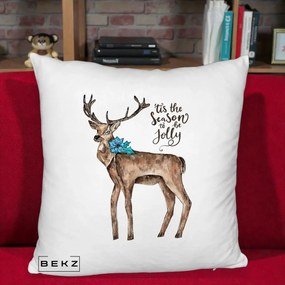 Perna Decorativa Ren Tis the Season to be Jolly, 40x40 cm, Alb Pufos, Husa Detasabila, Perna Inclusa, BEKZ®