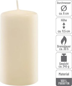 Set de lumânări pilon, 11,5 cm, Ø 6 cm, crem, 12 buc.