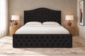 Pat tapițat Chesterfield din catifea Solaria Deluxe 120×200 cm, negru, cu ladă de depozitare