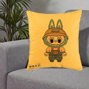 Perna Personalizata Labubu Toanart Blugi, 40x40 cm, Galben, Husa Detasabila, Perna Inclusa, BEKZ®