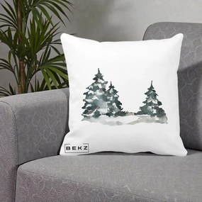 Perna Decorativa Brazi Inzapeziti Acuarela, 40x40 cm, Alba Mata, Husa Detasabila, Perna Inclusa, BEKZ®