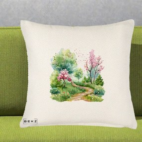 Perna Decorativa Gradina Primavara Acuarela, 40x40 cm, Crem Reliefat, Husa Detasabila, Perna Inclusa, BEKZ®