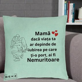 Cadou pentru Mama - Perna Personalizata Mama Nemuritoare Portret Graphic, 40x40 cm, Verde Menta, Husa Detasabila, Perna Inclusa, BEKZ®