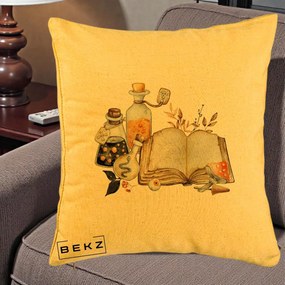 Perna Decorativa Grimoire Vrajitoare si Filtre Magice Halloween, 40x40 cm, Galben, Husa Detasabila, Perna Inclusa, BEKZ®