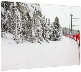 Tablou pe sticlă - Tren într-un peisaj înzăpezit (70x50 cm)
