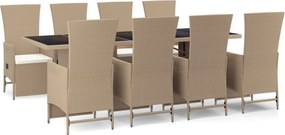 vidaXL Set de masă pentru grădină, 9 piese, cu perne, bej, poliratan