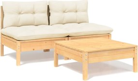 vidaXL Set mobilier grădină cu perne crem, 3 piese, lemn de pin