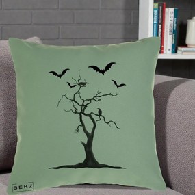 Perna Decorativa Halloween Copac cu Lilieci Alb-Negru, 40x40 cm, Verde, Husa Detasabila, Perna Inclusa, BEKZ®