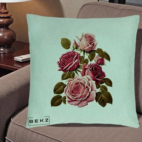 Perna Decorativa Trandafiri Vintage Roz-Rosii, 40x40 cm, Verde Menta, Husa Detasabila, Perna Inclusa, BEKZ®