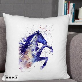 Perna Decorativa Cal Albastru Acuarela, 40x40 cm, Alb Pufos, Husa Detasabila, Perna Inclusa, BEKZ®