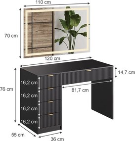 Masuta machiaj neagra cu Oglinda LED si 5 Sertare pentru Cosmetice, Set Masa toaleta 120 cm, masuta vanity cu Riflaj, cosmetica- SEN250