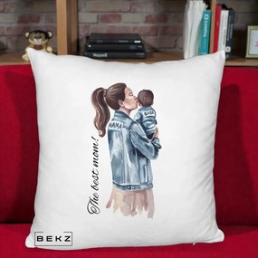 Cadou pentru Mama - Perna Personalizata The Best Mom Jachete, 40x40 cm, Alb Pufos, Husa Detasabila, Perna Inclusa, BEKZ®