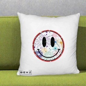 Perna Decorativa Smiley Face cu Artificii Multicolore, 40x40 cm, Alb Pufos, Husa Detasabila, Perna Inclusa, BEKZ®