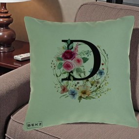Cadou Personalizat - Perna Personalizata Monogram Litera D cu Flori Acuarela, 40x40 cm, Verde, Husa Detasabila, Perna Inclusa, BEKZ®