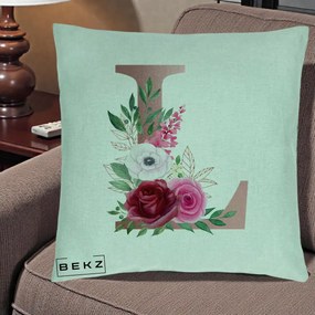 Cadou Personalizat - Perna Personalizata Monograma Rose Gold Litera L, 40x40 cm, Verde Menta, Husa Detasabila, Perna Inclusa, BEKZ®