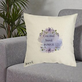 Cadou pentru Bunica - Perna Personalizata Cea Mai Buna Bunica Flori Mov Acuarela Negru, 40x40 cm, Ecru, Husa Detasabila, Perna Inclusa, BEKZ®